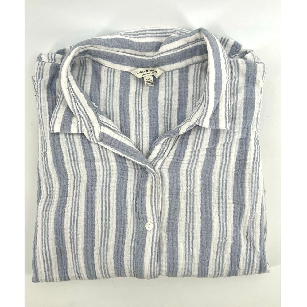 Lucky Brand Women's Button Down Shirt Size L White Blue Striped Cotton Gauze
